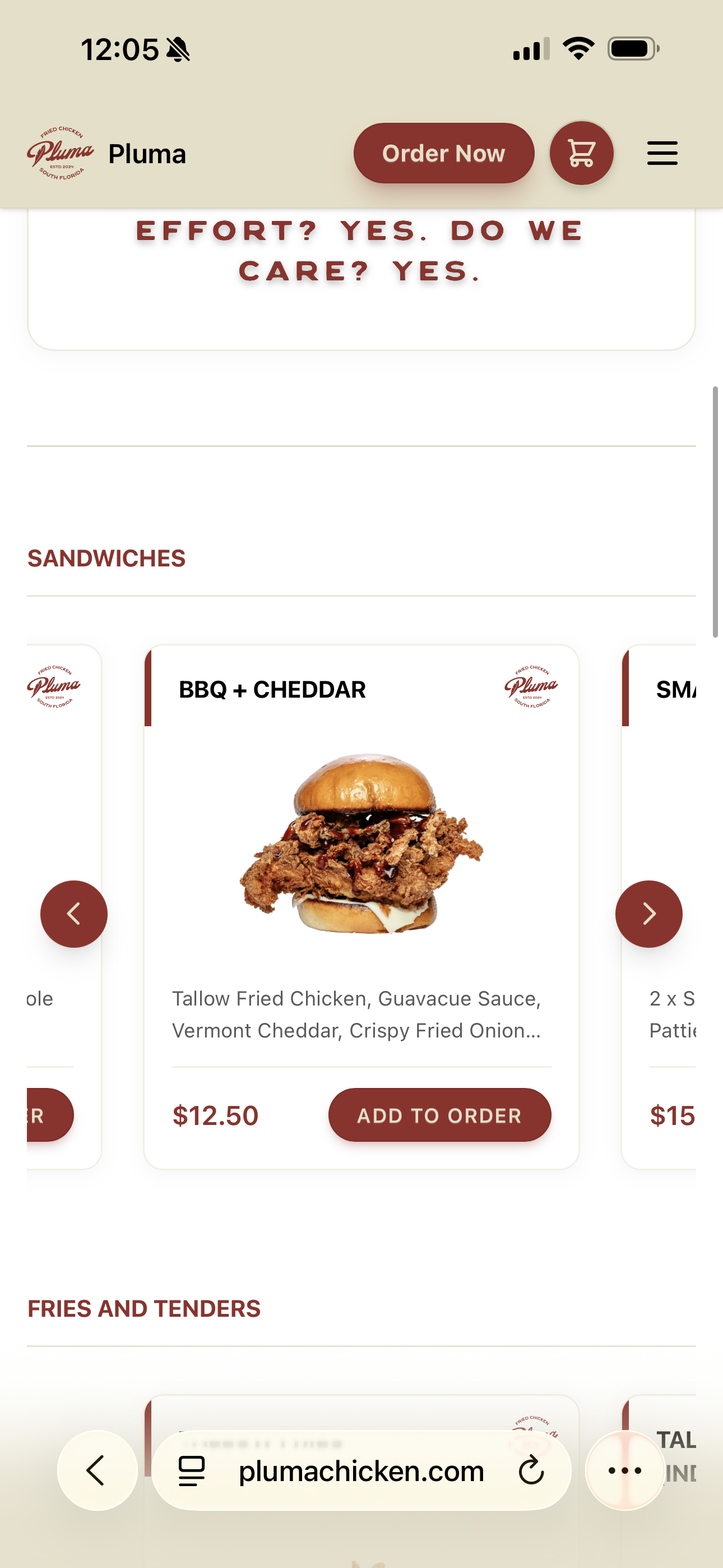 Pluma Chicken mobile ordering screen